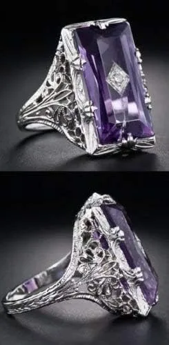 Vista 2 de Yuren Anillo de plata 925 con gemas de amatista grande para mujer, talla 6-10 (código de EE. UU. 10), Plata