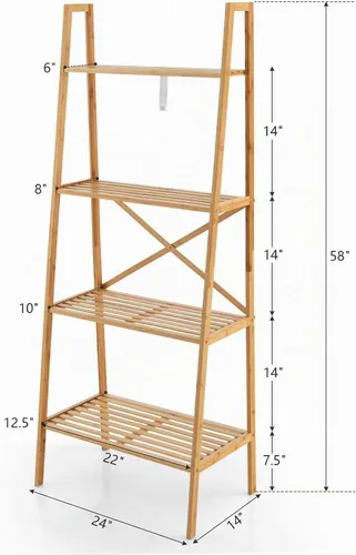 Vista 3 de GIANTEX Estantería de bambú de 4 niveles, estantes de almacenamiento multifuncionales con dispositivo antivuelco, estante de escalera de bambú