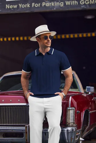 Vista 62 de COOFANDY Camisas polo de punto para hombre de manga corta con textura acanalada Camisas de golf casuales y ligeras con cuello Camiseta de polo