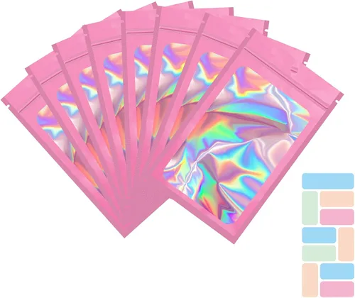 Vista 17 de Paquete de 100 bolsas de Mylar con ventana transparente, holográficas, a prueba de olores, para pequeñas empresas, bolsas resellables
