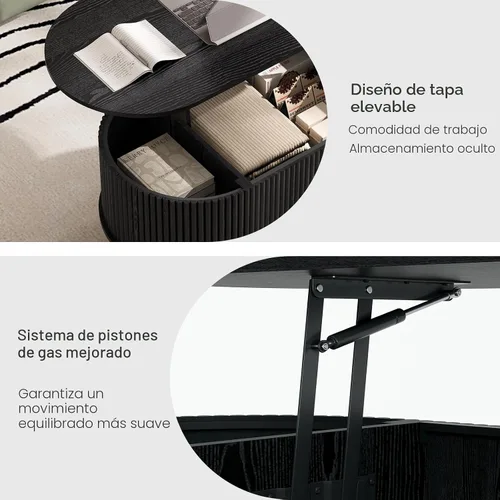 Vista 5 de JOINICE Mesa auxiliar ovalada de 42.5 pulgadas con almacenamiento, moderna mesa central negra con diseño estriado, patas de madera maciza