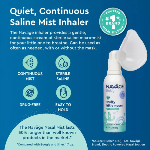 Vista 6 de Naväge Baby Bundle: Aspirador nasal para bebés + inhalador de microniebla, suave, aprobado por pediatras para la congestión del bebé y la nariz