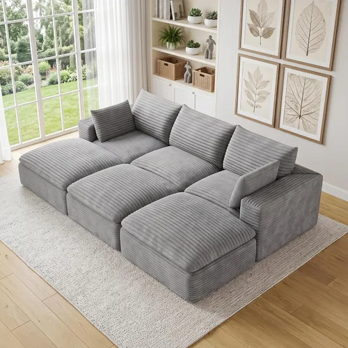 Vista 66 de 118" Cloud Couch Oversized Modular Sectional Sofa, Boneless L-Shaped 6 Seater Deep Seat Couch with Ottoman, Soft Corduroy Upholstery, DIY Negro