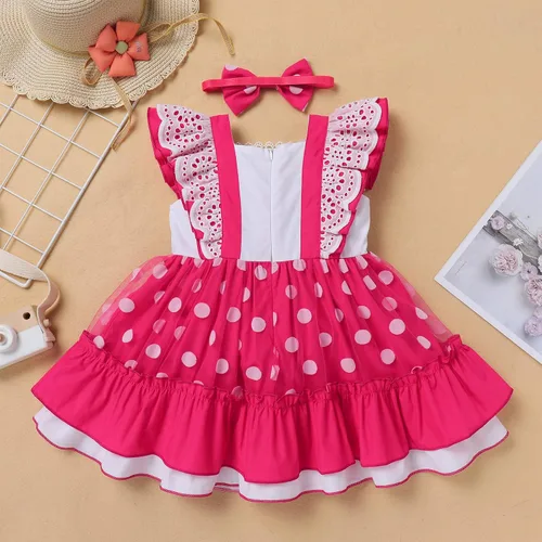 Vista 5 de Vestido de princesa a cuadros para bebé, sin mangas, vintage, de encaje, a cuadros, vestido de princesa acampanado con diadema