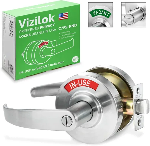 Vista 10 de VIZILOK Cerradura de puerta comercial para privacidad del baño, seguridad, indicador de ocupación vacante estándar en cromo satinado, grado ANSi 2