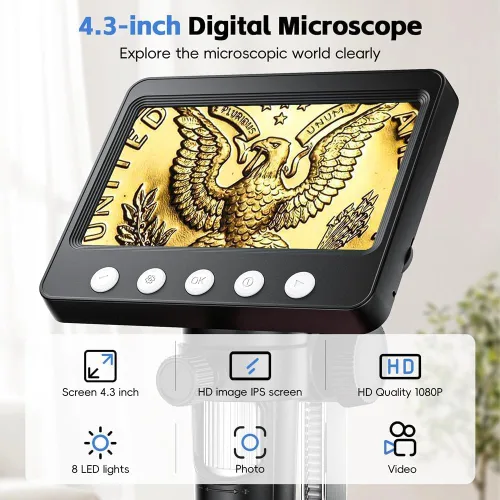 Vista 2 de Microscopio digital de 4.3 pulgadas para adultos, microscopio de moneda SKYEAR 1000X con 8 luces de relleno LED ajustables, microscopio USB