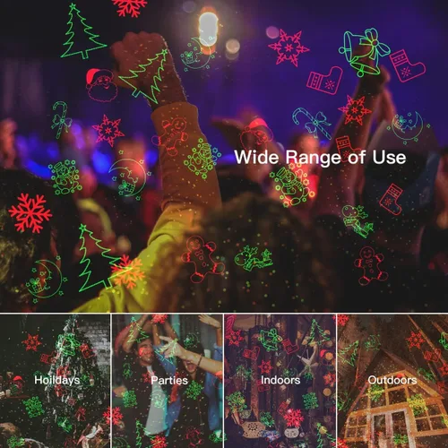 Vista 4 de Luces de Proyector de Navidad al Aire Libre, 12 Patrones Navideños, IP65 Resistente al Agua, Control Remoto y Temporizador, Luz de Decoración