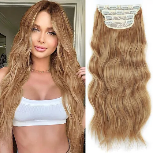 Vista 22 de 4 piezas de extensiones de cabello rizado con clip, color dorado oscuro, mezcla de rubio beige, sintético de 20 pulgadas de largo, extensiones