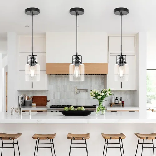 Vista 8 de Paquete de 3 Luces Colgantes para Isla de Cocina, Lámpara Colgante Negra Moderna, Luces de Isla de 47 Pulgadas, Cuerda Ajustable, Vidrio