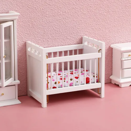 Vista 5 de Mini cuna de casa de muñecas a escala 1:12: cuna de madera para muñeca de bebé para casa de muñecas - Adorables accesorios y muebles para casa