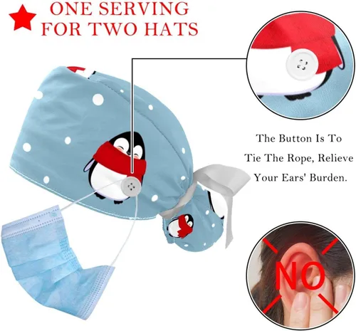 Vista 3 de Gorras de trabajo con botones de muñeco de nieve de Navidad, gorro largo para cola de caballo para mujer