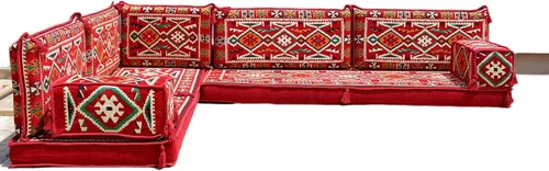 Vista 90 de arabicsofa Juego de asientos Jalsa en forma de L – Majlis árabe hecho a mano con almohadas de respaldo