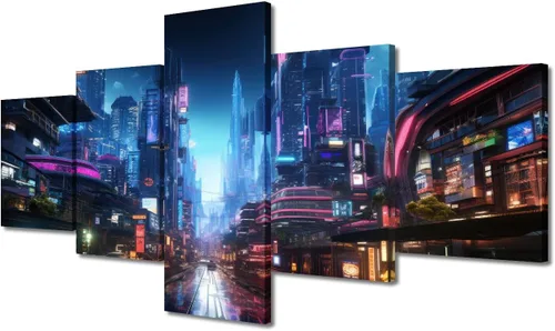 Vista 20 de Póster de 5 paneles en lienzo para decoración de pared, diseño de centro urbano Cyberpunk, impresión moderna, decoración de pared para el hogar