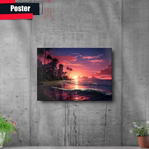 Vista 2 de Neon Sunset Vibes Florida Synthwave Sunset Framed poster Print, Retro Miami Style Wall Art, Wall Art, Art Print