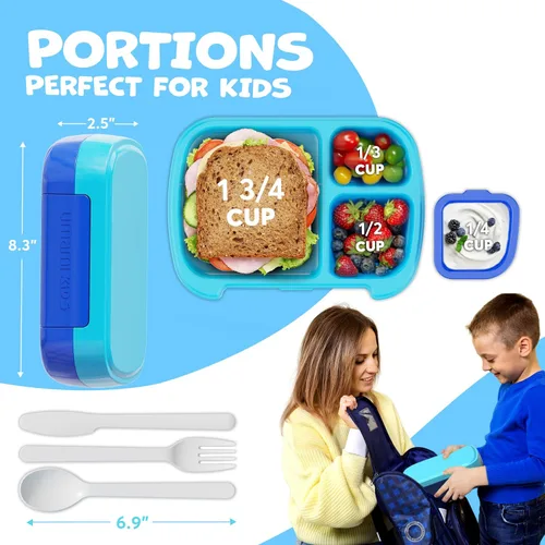Vista 4 de Umami Lonchera Bento todo en 1 para niños, paquete de hielo y utensilios incluidos, 100% a prueba de fugas y sin BPA, lonchera favorita de los Azul