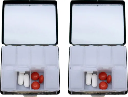 Vista 4 de Juego de 2 estuches de píldoras semanales (7 días) con placa metálica y organizador de medicinas portátil (Latón antiguo victoriano)