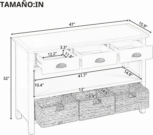 Vista 2 de Knocbel - Mesa consola rústica de 47 pulgadas de largo con cajones de almacenamiento y cestas tejidas, sala de estar, entrada, pasillo, vestíbulo