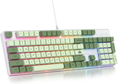 Vista 2 de Fogruaden Teclado mecánico, matcha verde, teclado USB con cable de 104 teclas RGB retroiluminado para juegos con teclado numérico, interruptores