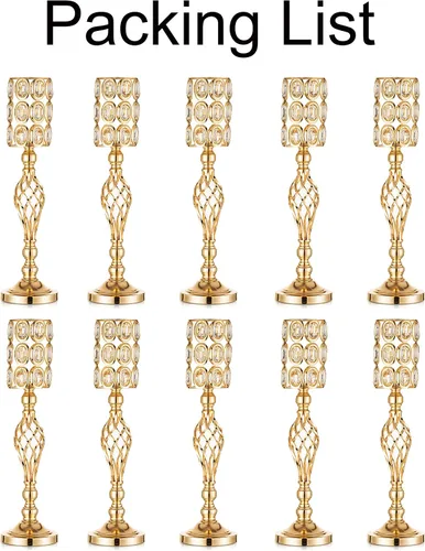 Vista 7 de Jarrón de metal dorado, 10 jarrones de trompeta altos para centros de mesa con cuentas de cristal, jarrón de boda para mesas, decoración del hogar