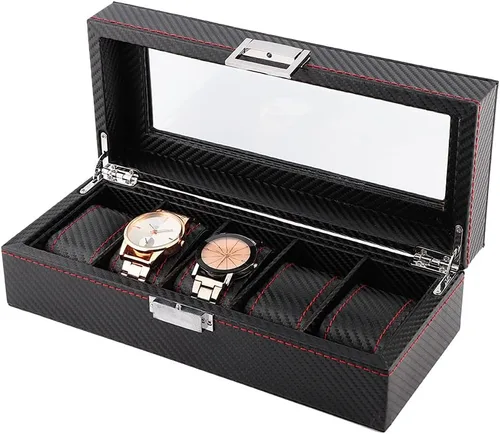 Vista 2 de TOPINCN Caja de reloj grande 5 para hombre de cuero negro con pantalla de cristal superior organizador de joyería