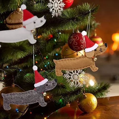 Vista 3 de Colgantes de árbol de Navidad, 4 piezas de perro salchicha, adornos colgantes de fieltro artesanal, adornos para fiesta de Navidad, decoración
