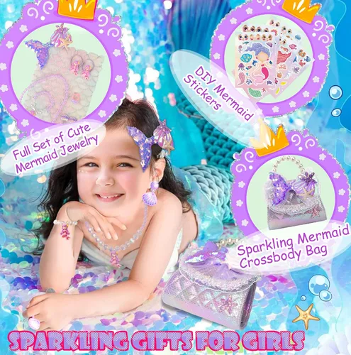 Vista 2 de LSSAGOON Bolso para niñas pequeñas, bolso con juego de joyas para niños, mini bolso cruzado de perla, regalos para cumpleaños y Navidad, Púrpura