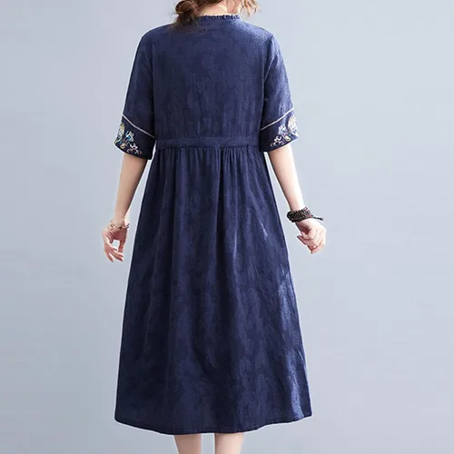 Vista 8 de QIGUANDZ Vestido de lino de algodón casual de jacquard floral para mujer, vestido elegante con bordado de manga corta con cordones y cintura definida