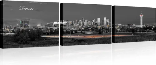 Vista 30 de 3 paneles de Atlanta Skyline vista de la ciudad en blanco y negro, imágenes panorámicas de edificio de ciudad, decoración de pared para sala