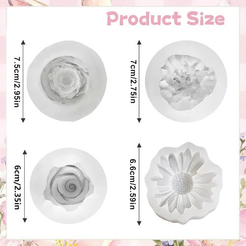 Vista 2 de Juego de 4 moldes de silicona de flores, moldes de clavel de margaritas florales 3D para hacer velas, jabón, resina epoxi, fabricación