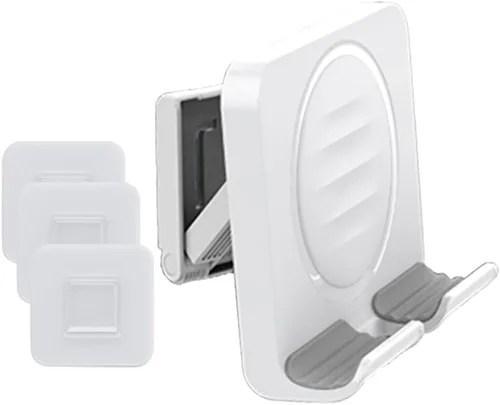 Vista 7 de Soporte de pared para teléfono con 3 almohadillas adhesivas, soporte plegable de ángulo ajustable para teléfono celular, sin perforaciones, soporte