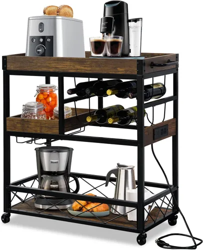Vista 11 de Carrito de bar para el hogar, carrito de servicio industrial de 3 neumáticos con ruedas bloqueables, carrito de bebidas alcohólicas con 2 bandejas