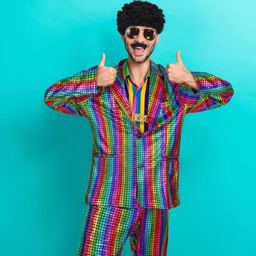 Vista 5 de Mepase Juego de 17 disfraces de discoteca de los años 70 para hombre, trajes de discoteca de Halloween, trajes de lentejuelas y pantalones, pelucas
