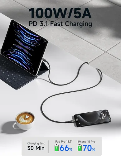 Vista 2 de JSAUX Cable USB C a USB C de 100 W para iPhone 17, cable de carga USBC tipo C 5A de carga rápida compatible con iPhone 17 Air 16 15 Pro Max Samsung