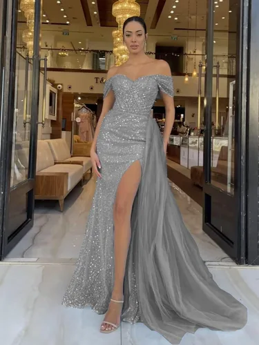 Vista 4 de Vestido de fiesta de sirena brillante con lentejuelas, largo con abertura, hombros descubiertos, vestido formal de fiesta con cola para mujer