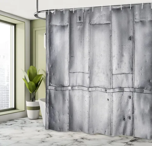 Vista 4 de Ambesonne Cortina de ducha industrial, diseño de pared con grietas, arreglo futurista desgastado, impresión monocromática, juego de decoración