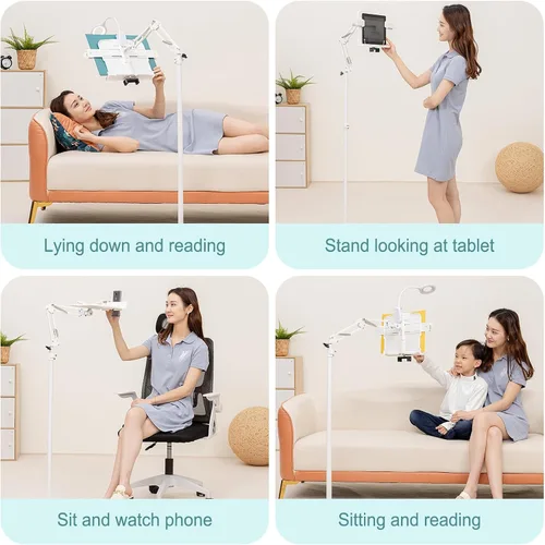 Vista 7 de Buhelyc Soporte de libro para cama, luz de libro y 2 clips de resorte, con soporte para teléfono, soporte de música de mesa de brazo largo, ángulo