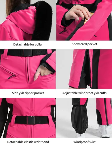 Vista 20 de GSOU SNOW Traje de esquí para mujer, traje de nieve de una pieza, para snowboard, delgado, aislante, impermeable, resistente al viento