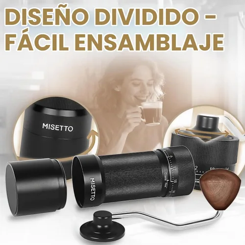 Vista 4 de MISETTO Molinillo de café manual con rebaba cónica de acero inoxidable CNC, ajuste externo ajustable, posicionamiento de doble rodamiento, café