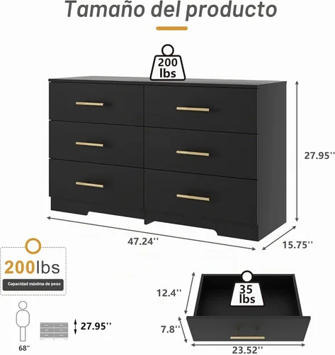 Vista 2 de Spaco Cómoda negra de 6 cajones con mango dorado, cómoda moderna de 6 cajones profundos para dormitorio, cómoda de almacenamiento para armario, sala