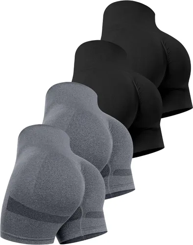 Vista 31 de CHRLEISURE Pantalones Cortos de Entrenamiento para Mujer, 4 Paquetes, Cintura Alta, Levantamiento de Glúteos con Fruncido, Pantalones Cortos Booty
