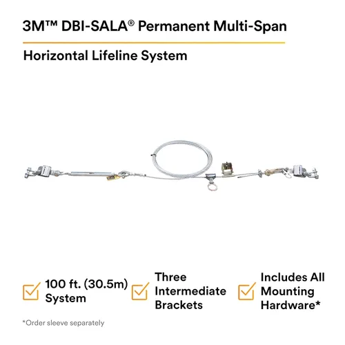 Vista 2 de 3M DBI-SALA Sayfline 7603100 Sistema horizontal permanente, cable Galv. multitramo de 98.4 ft, con 3 soportes de interm, tensor, accesorios