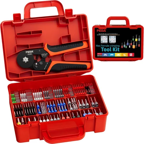 Vista 17 de PEBA Kit de herramientas de prensado de virola, virolas de alambre con virolas gemelas, AWG 28-7 21 Sizes Insulated Ferrules, Hex Ratchet Crimper