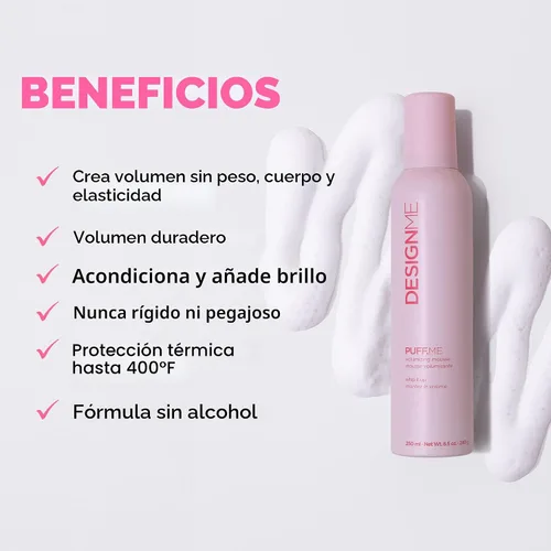 Vista 2 de Design.Me PUFF.ME - Mousse voluminizador para el cabello, espuma ligera y flexible para rizos, ondas o cabello liso, sin sulfatos ni parabenos