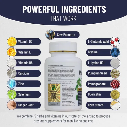 Vista 5 de Tabletas para la salud de la próstata, apoya el bienestar de los hombres, 60 unidades Con Saw Palmetto y raíz de jengibre, apoya el control