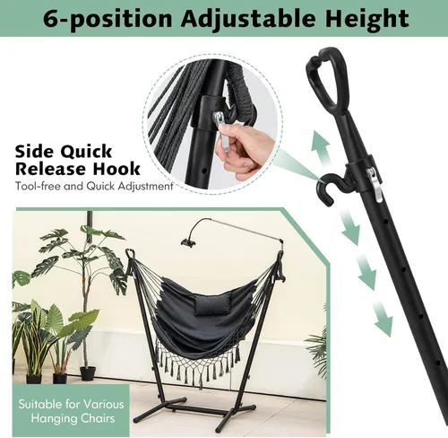 Vista 3 de Tangkula Silla hamaca con soporte, estilo bohemio macramé con soporte, soporte para teléfono celular, silla colgante ajustable en altura