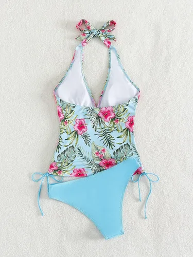 Vista 4 de Floerns Traje de baño tankini de dos piezas con estampado tropical y cuello halter y lazo lateral para mujer
