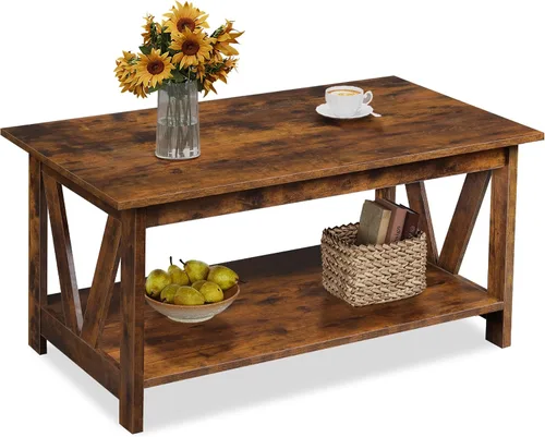 Vista 15 de WLIVE - Mesa de café con estante de almacenamiento, mesa de café granja de 39.4" con soporte en V, mesa de centro rústica de 2 niveles para sala