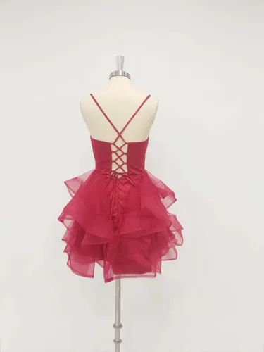 Vista 4 de ZSHAOLHYJYZS Vestidos escalonados de regreso a casa 2025 con cuello en V y purpurina de tul con tirantes delgados, vestidos cortos de graduación