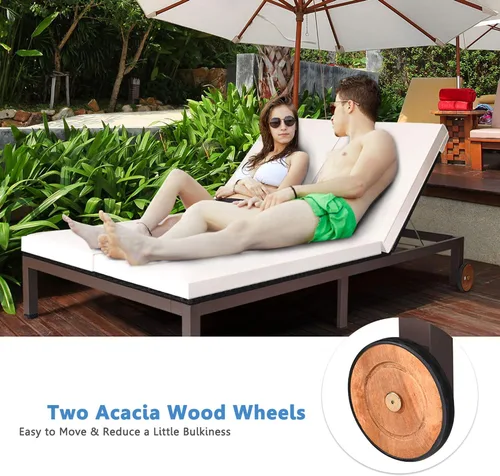 Vista 2 de DORTALA Silla reclinable de ratán para 2 personas con ruedas y cojín, sillón de mimbre doble con respaldo ajustable, juego de conversación de Blanco