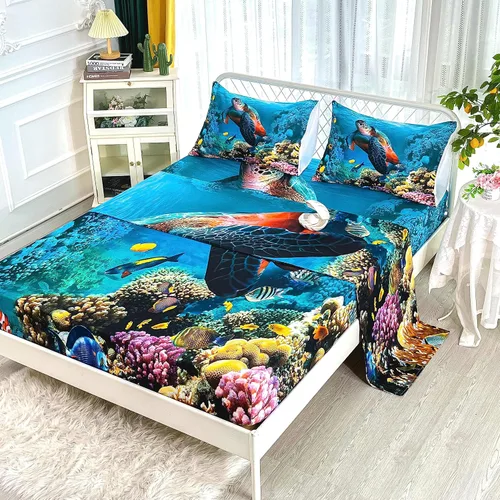 Vista 2 de CVHOUSE Juego de sábanas bajeras de tortuga marina, tamaño individual, juego de ropa de cama de tortuga para niños y niñas, 1 sábana encimera y 1 A4